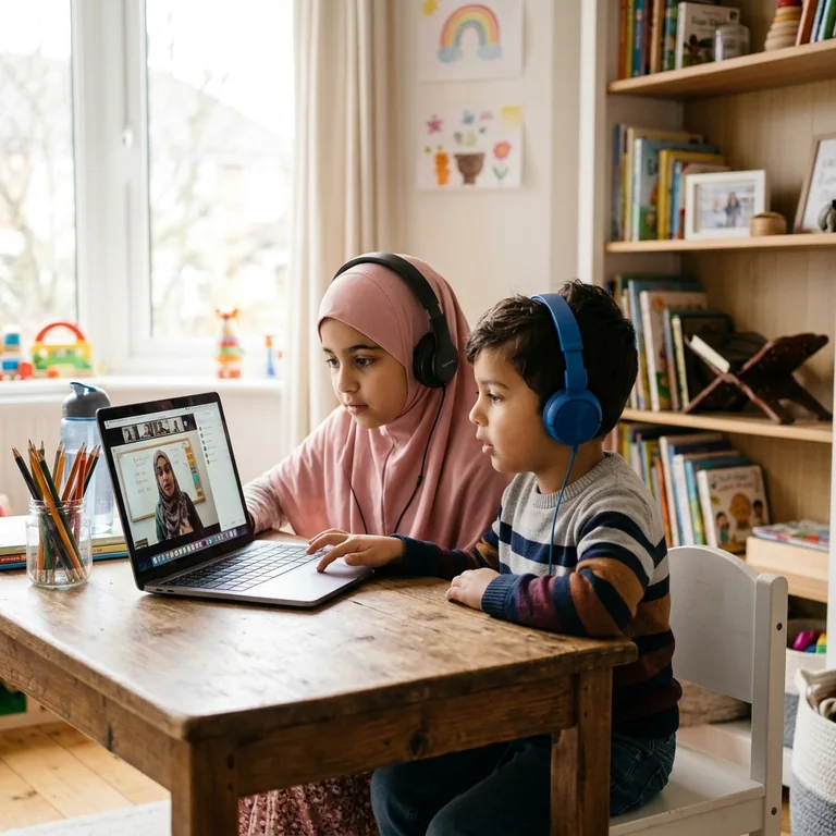 Children learning Quran online via laptop